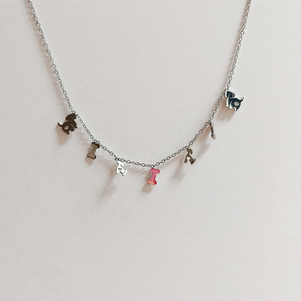 Collar Charms Perritos Y Huesos Plateado