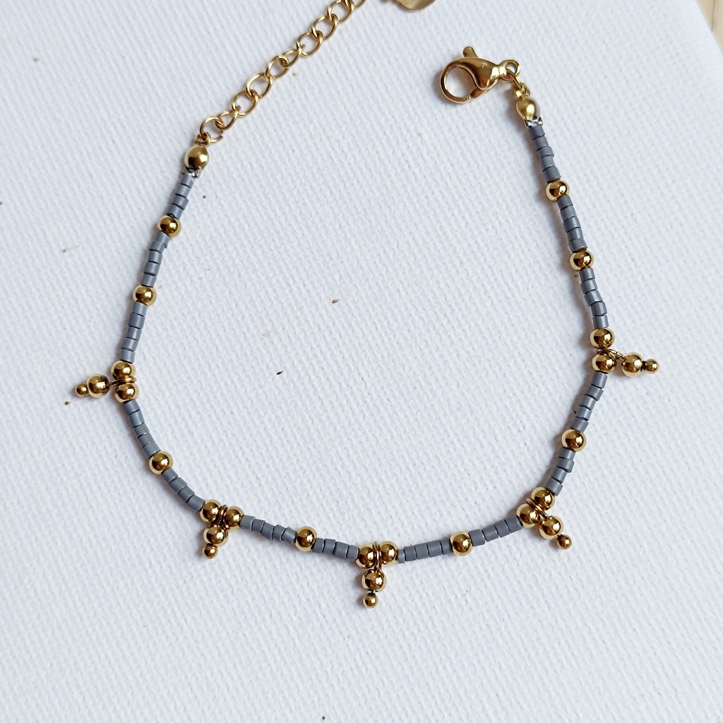 Pulsera Cuentas Gris Y Dorado