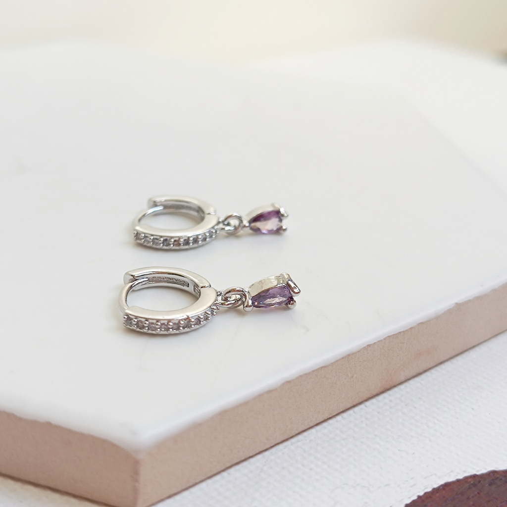 Pendientes Aritos Circonitas Con Gota Morado Plateado