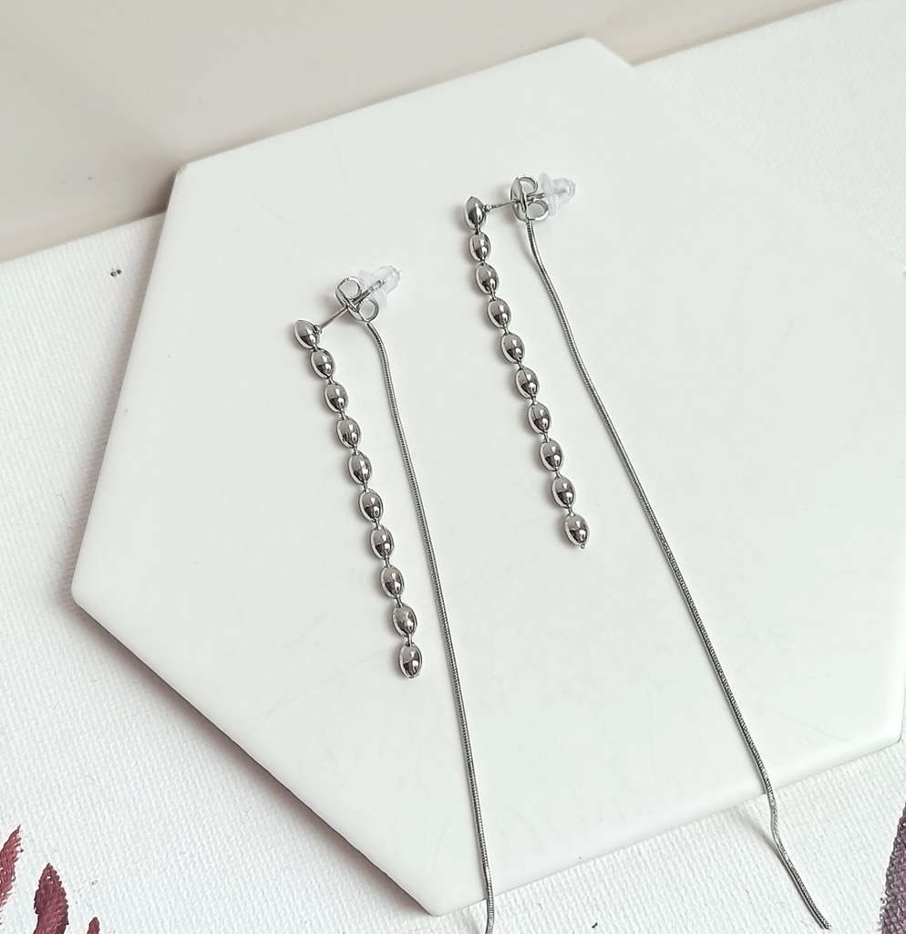Pendientes Cadena Fina Con Bolitas Plateado