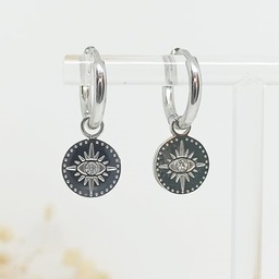 Aritos Charm Extraíble Medalla Ojo Brillo Plateado