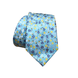 [cb067] Corbatín azul aqua con flores amarillas, marino y gris